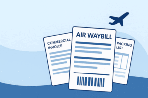 Contoh dokumen pengiriman kargo udara seperti Air Waybill, faktur, dan packing list